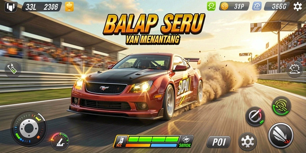 Tampilan gameplay menegangkan dengan mobil balap dan lintasan yang menarik.