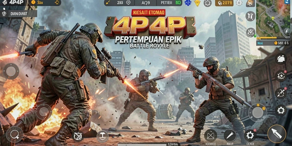 Screenshot gameplay menunjukkan pertempuran seru di peta luas 4P4P.