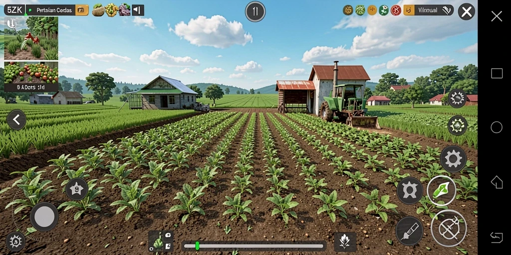 Screenshot gameplay 5ZK menunjukkan kebun yang rimbun dan penuh warna.
