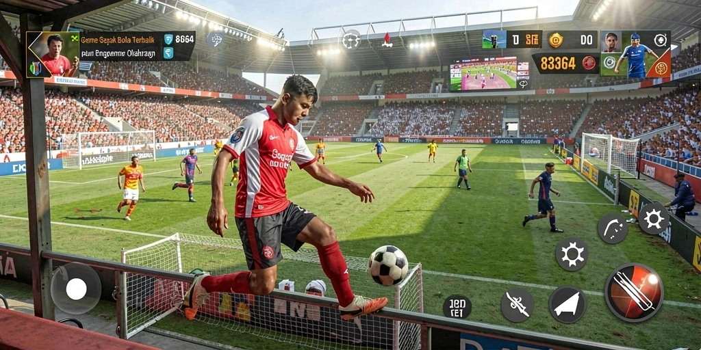 Screenshot gameplay 8364 menunjukkan aksi pertandingan sepak bola yang mendebarkan.