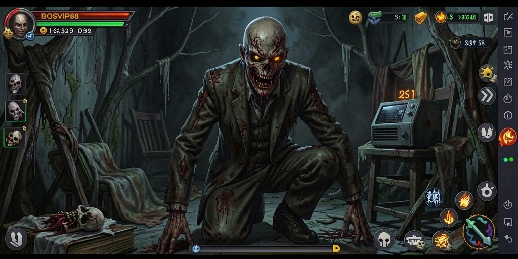 Screenshot dari gameplay <strong>BOSVIP88</strong> yang menegangkan dan menyeramkan.