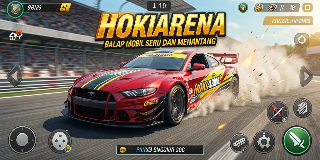 Screenshot gameplay HOKIARENA menampilkan aksi balapan yang seru dan mendebarkan.