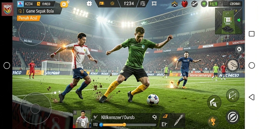 Screenshot gameplay K234 menampilkan aksi seru di lapangan sepak bola.