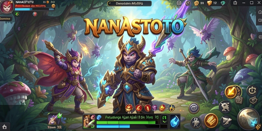 Screenshot gameplay NANASTOTO menampilkan pertarungan epik dan dunia fantasi yang indah.