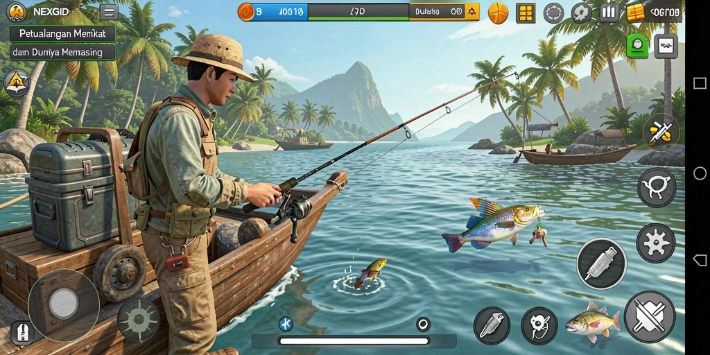 Gameplay seru NEXGID dengan berbagai lokasi memancing.