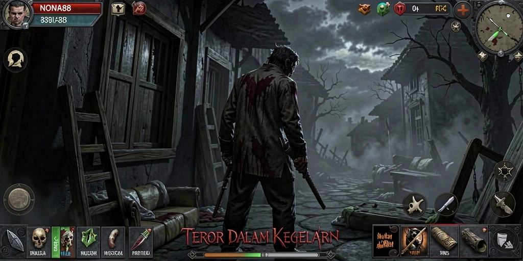 Gameplay NONA88 dengan suasana mencekam dan makhluk mengerikan.