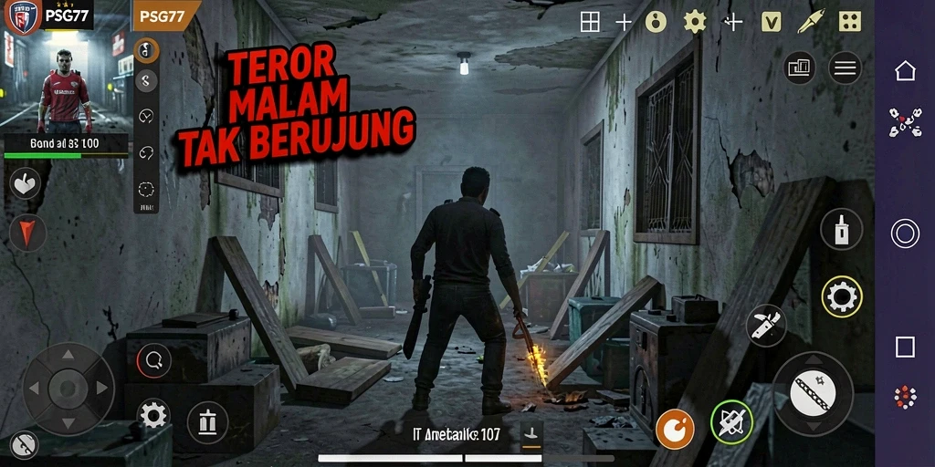 Tampilan menegangkan dari gameplay PSG77 di tengah kegelapan.