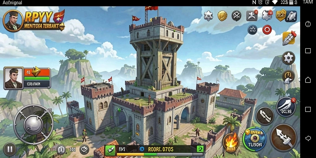 Screenshot utama menunjukkan gameplay intens Tower Defense yang menantang.