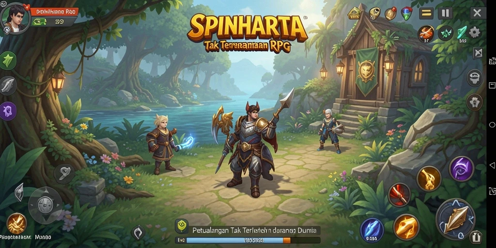 Tangkapan layar gameplay SPINHARTA menampilkan pertarungan epik dan karakter yang kuat.