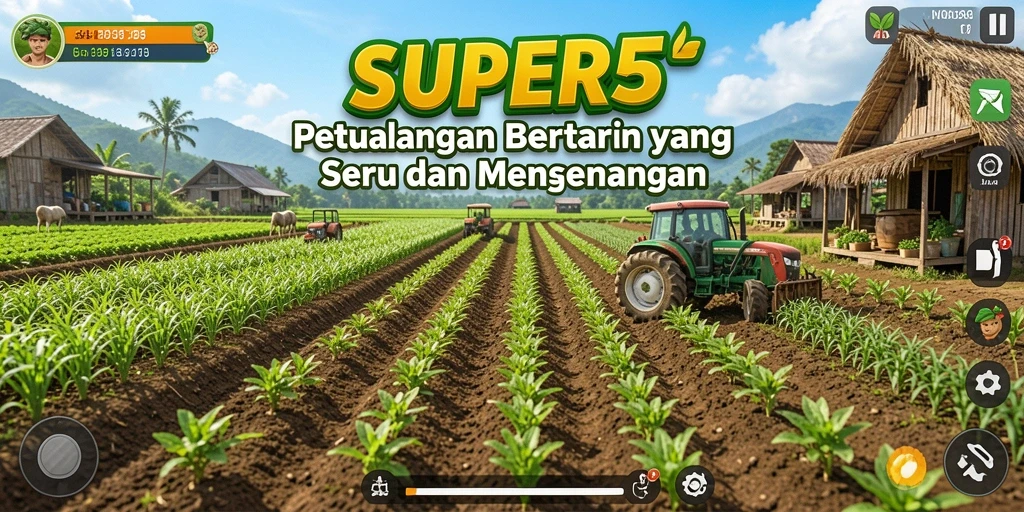 Tampilan menarik dari gameplay Farming SUPER5, menunjukkan proses menanam dan panen.