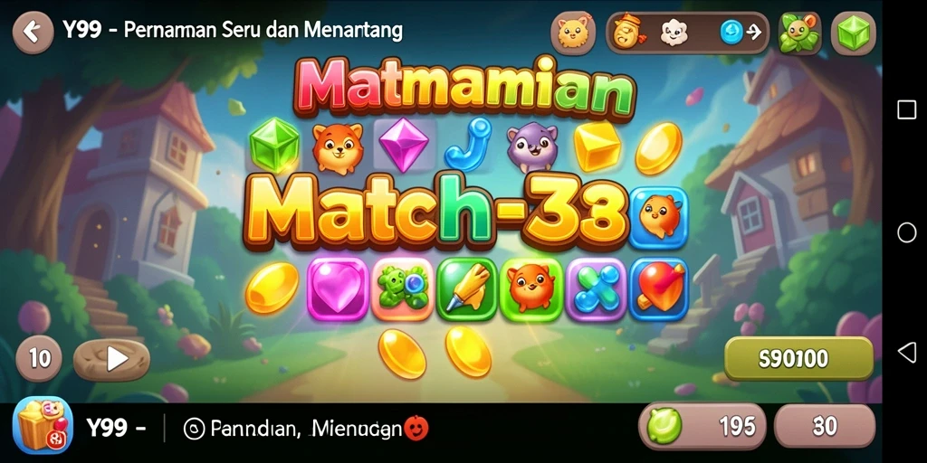 Screenshot utama Y89 menampilkan gameplay Match-3 yang seru dan penuh warna.